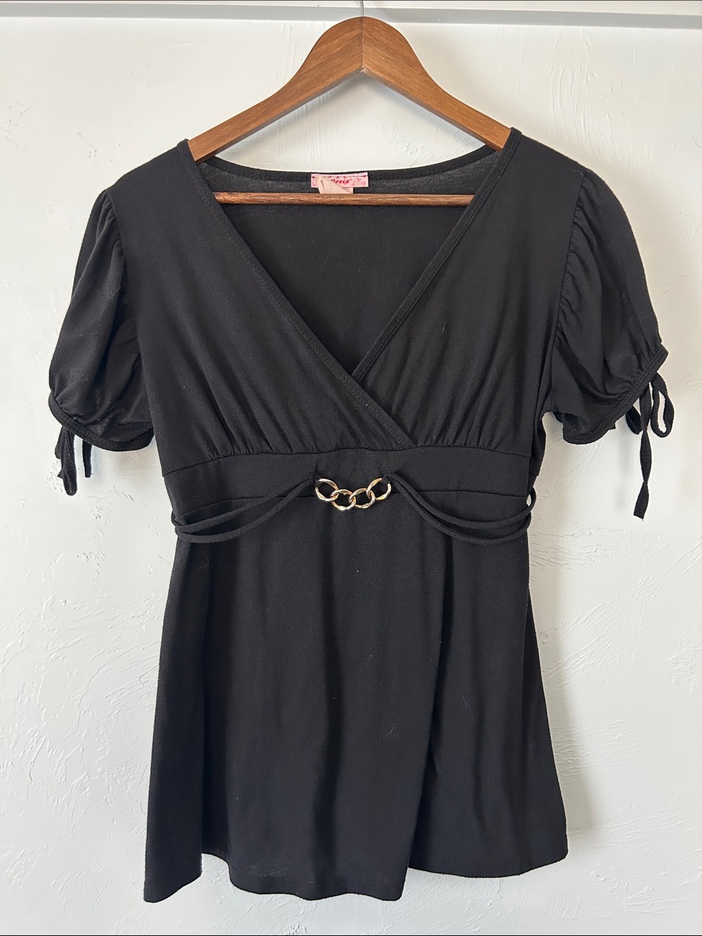 Black Wrap Short-Sleeve V-Neck Baby Doll Top with Gold Chain Detail & Tie Back